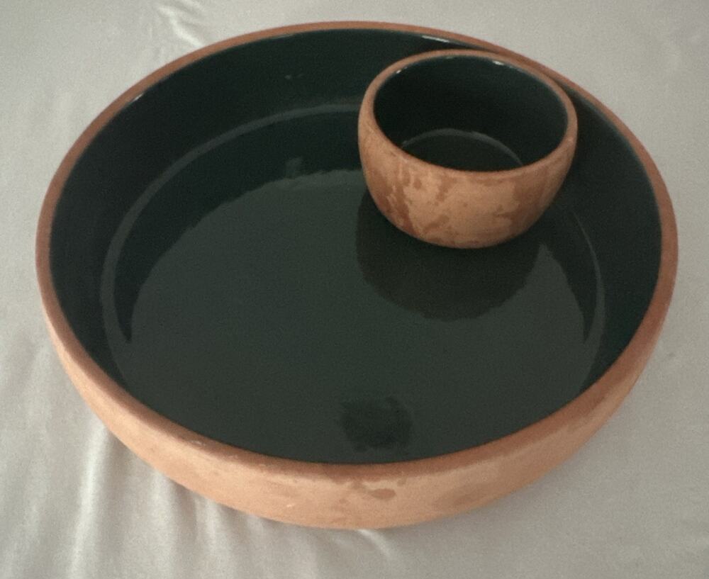 Vintage Oven And Back INC Terra Cotta/Green Chip/ Dip Serving Pottery Bowl Italy